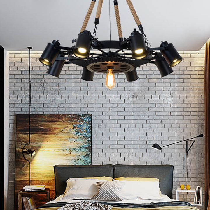Zeitgenössischer industrieller Retro-Kronleuchter aus Schmiedeeisen und Hanfseil im Zahnrad-Design mit 7/9/11 Flammen für das Wohnzimmer 