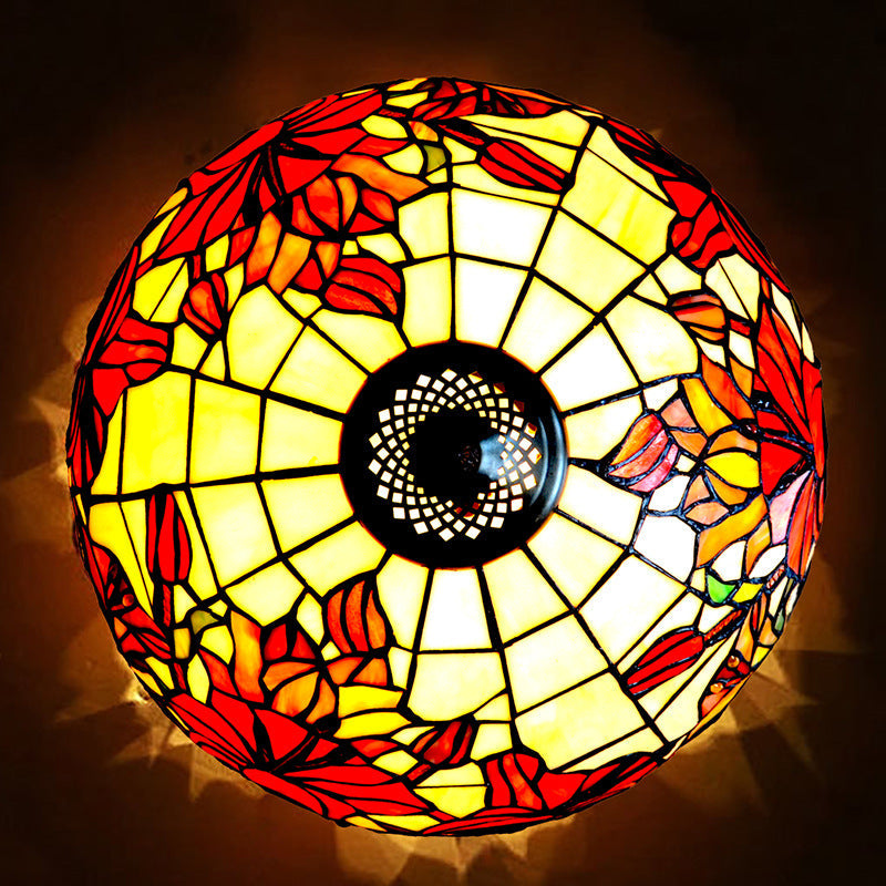 Traditional Tiffany Stained Glass Lily Flower Dome 3-Light Semi-Flush Mount Ceiling Light For Living Room