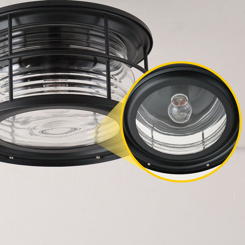 Moderne halbbündige 1-flammige Outdoor-Deckenleuchte im Industrial-Stil aus Glas und Eisen in Trommelform für Terrasse und Patio im Außenbereich 