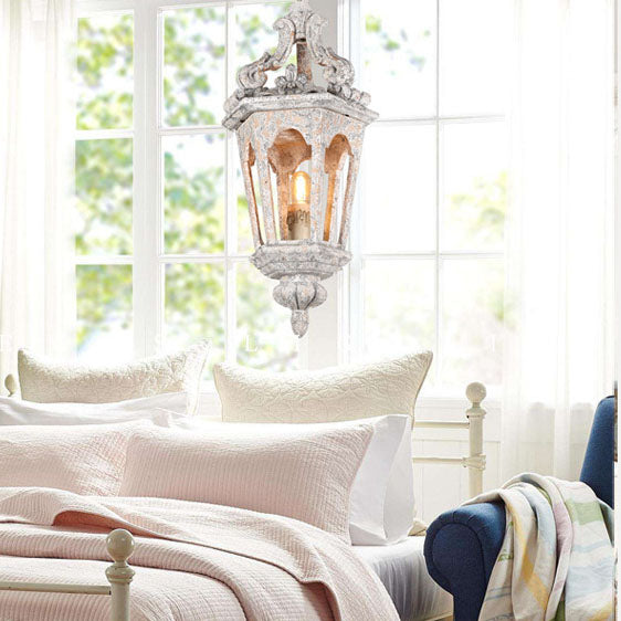 Traditional Vintage Solid Wood Resin Iron Carved Hexagonal Cage 1-Light Pendant Light For Living Room &amp; Bedroom