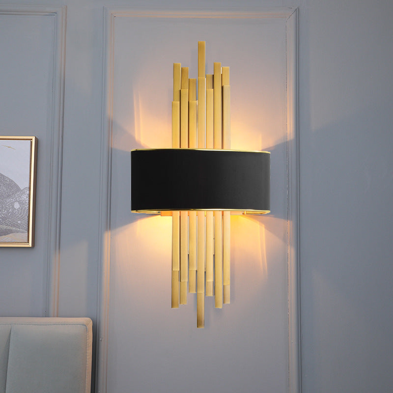 Modern Luxury Iron Straight Line Fabric Cylinder Shade 2-Light Wall Sconce Lamp For Living Room