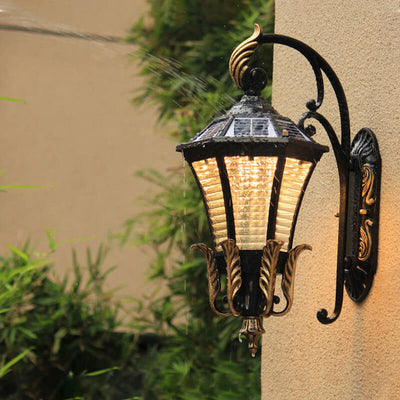 European Solar Hexagonal Lantern Outdoor Waterproof Patio LED Wall Sconce Lamp