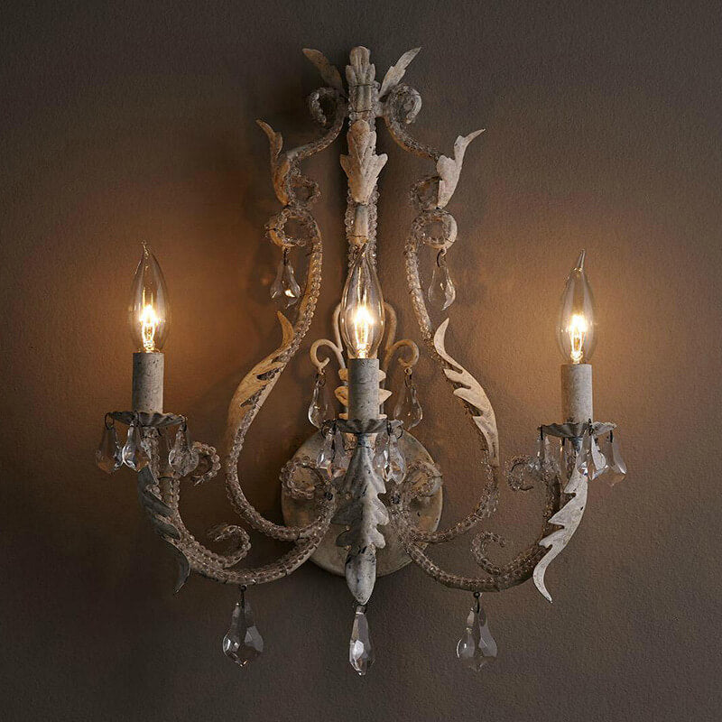 French Vintage Iron Crystal Hardware 3-Light Wall Sconce Lamp