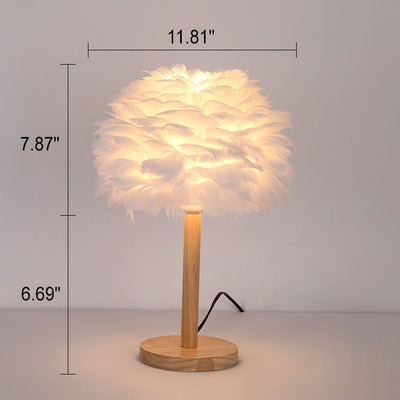 Lampe de table moderne et créative à 1 lumière en bois massif avec plumes décoratives 