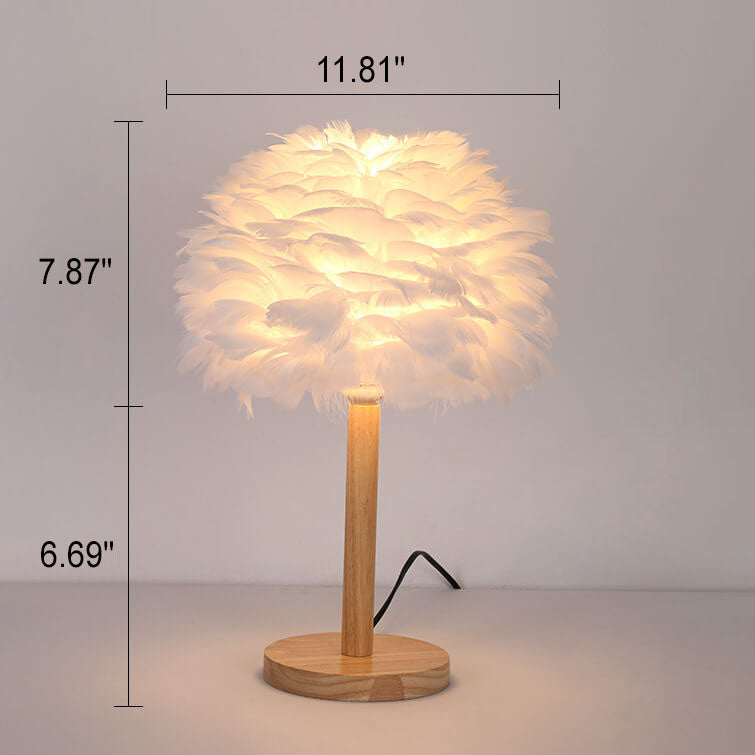 Lampe de table moderne et créative à 1 lumière en bois massif avec plumes décoratives 