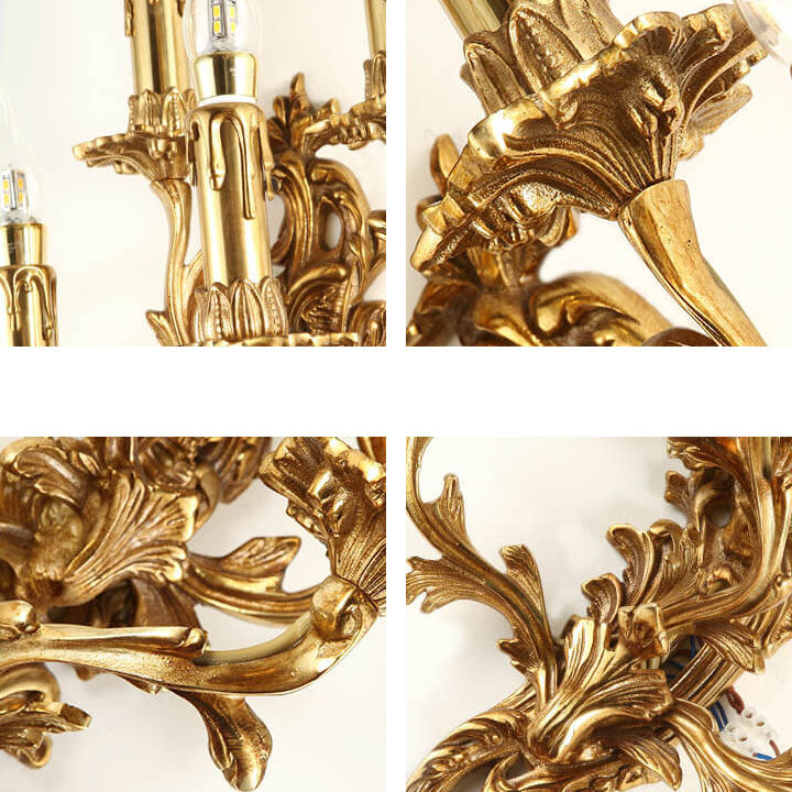 Traditional French Copper Candle Carved 5-Light Wall Sconce Lamp For Living Room
