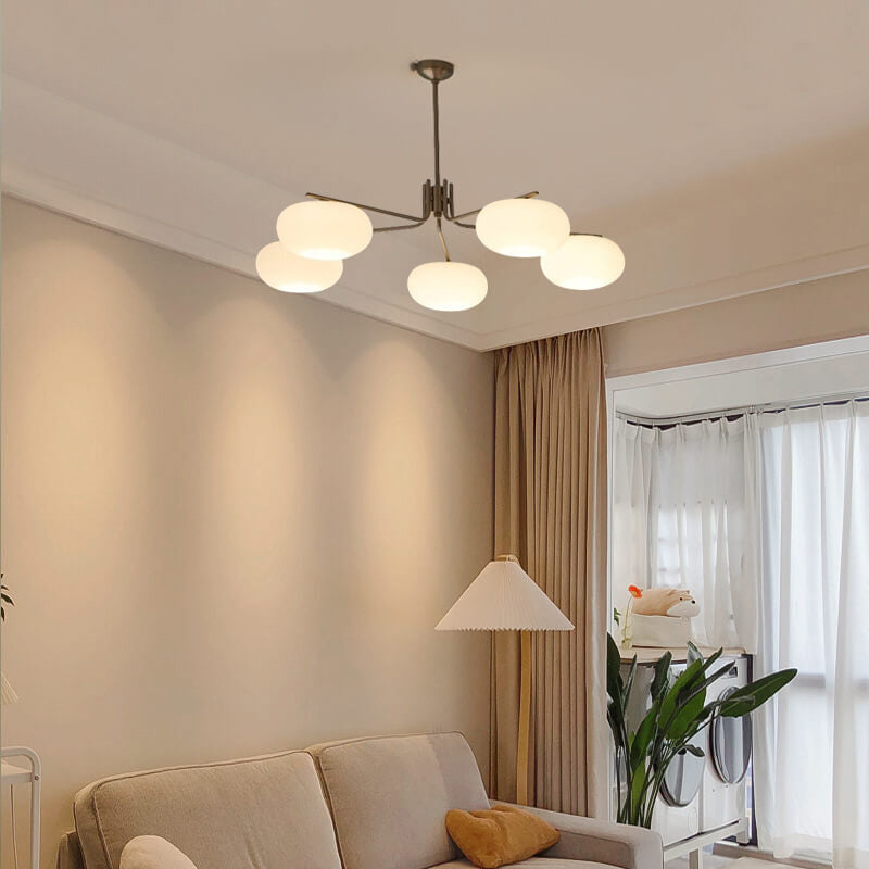 French Minimalist White Dome Glass Shade  5-Light Chandelier