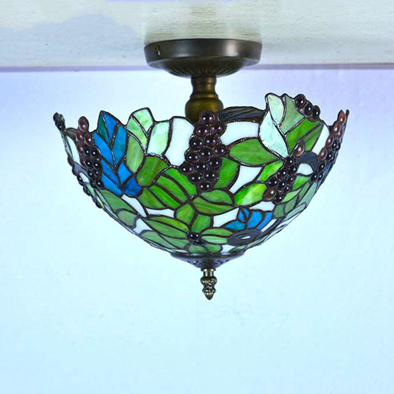 Traditional Tiffany Stained Glass Iron Bowl Round 2-Light Semi-Flush Mount Ceiling Light for Living Room
