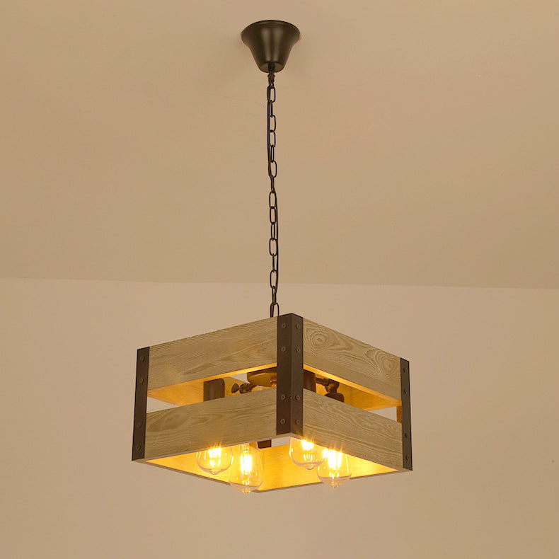 Chandelier Vintage Industriel en Bois avec Cage Carrée 1/4 Lumière 