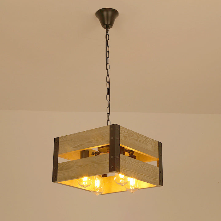 Chandelier Vintage Industriel en Bois avec Cage Carrée 1/4 Lumière 
