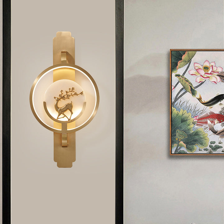 Aplique de pared LED de mármol y cobre redondo con diseño de ciervo de lujo moderno 
