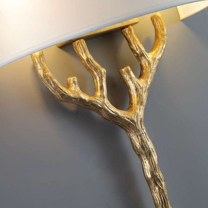 Aplique de pared de 2 luces con ramas de cobre y tela estilo Europa tradicional para sala de estar y dormitorio 