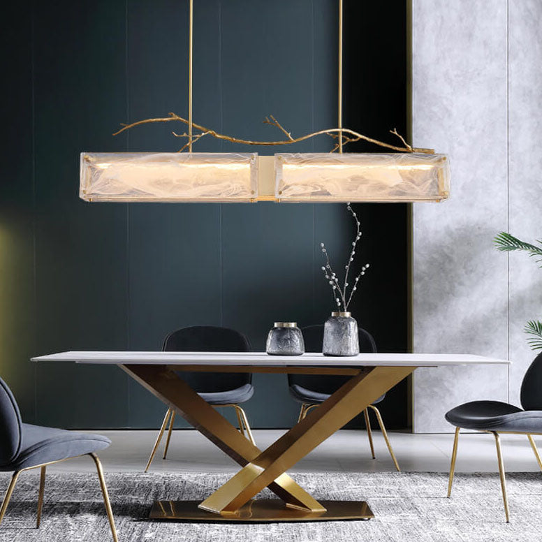 Nordic Light Luxury Rectangular All Brass Glass LED Island Light Chandelier