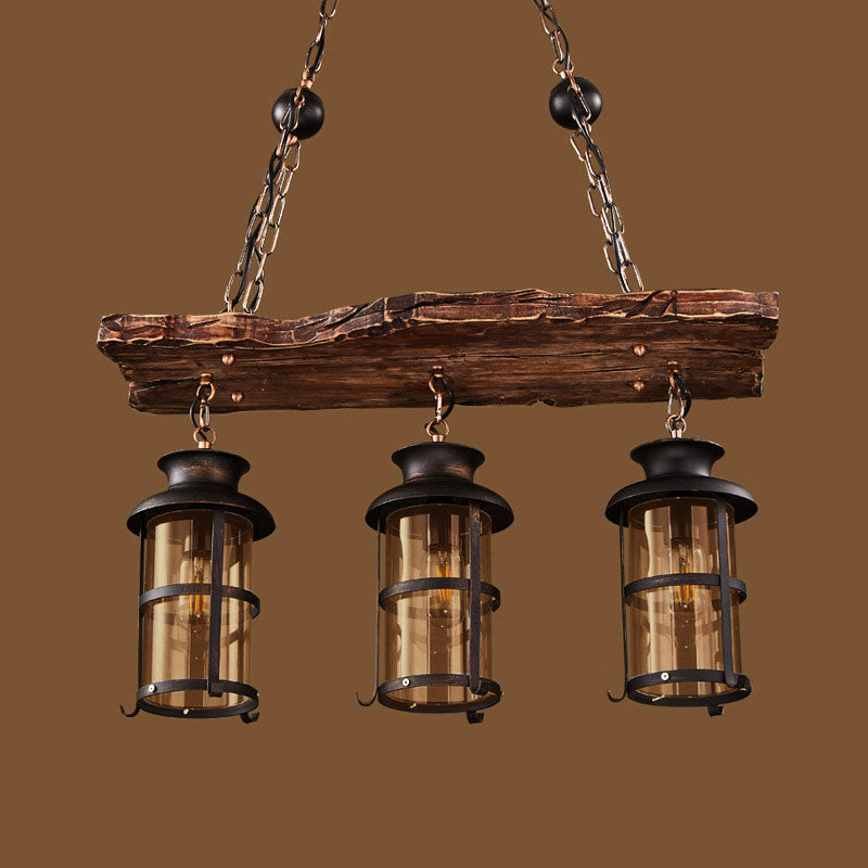 Lustre à 3 lumières en fer avec bande boisée de style ferme traditionnelle pour salle à manger 
