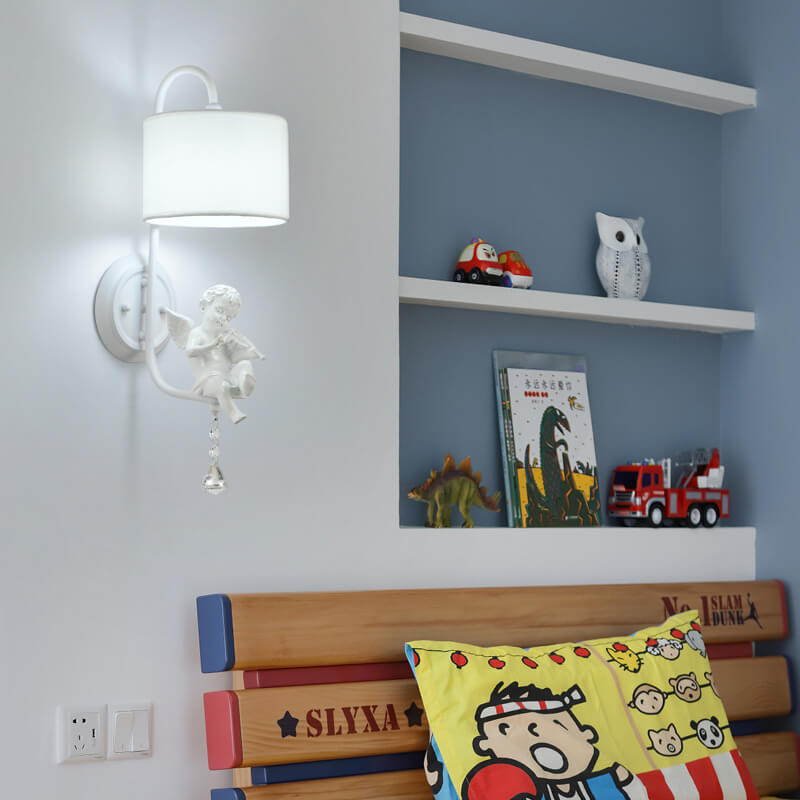 Modern Minimalist Angel Resin Round Fabric 1-Light Wall Sconce Lamp for Living Room