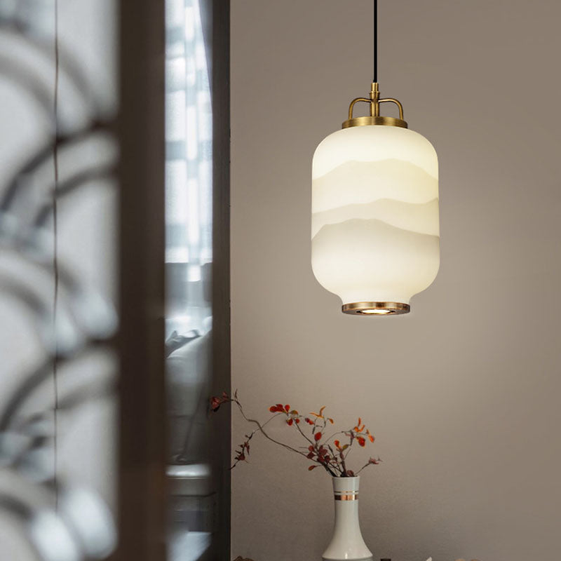 Traditional Chinese Lantern Brass Glass LED Pendant Light For Living Room