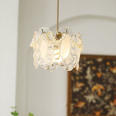 Traditional French Feather Pearl Petal Hardware Glass 1-Light Pendant Light For Bedroom