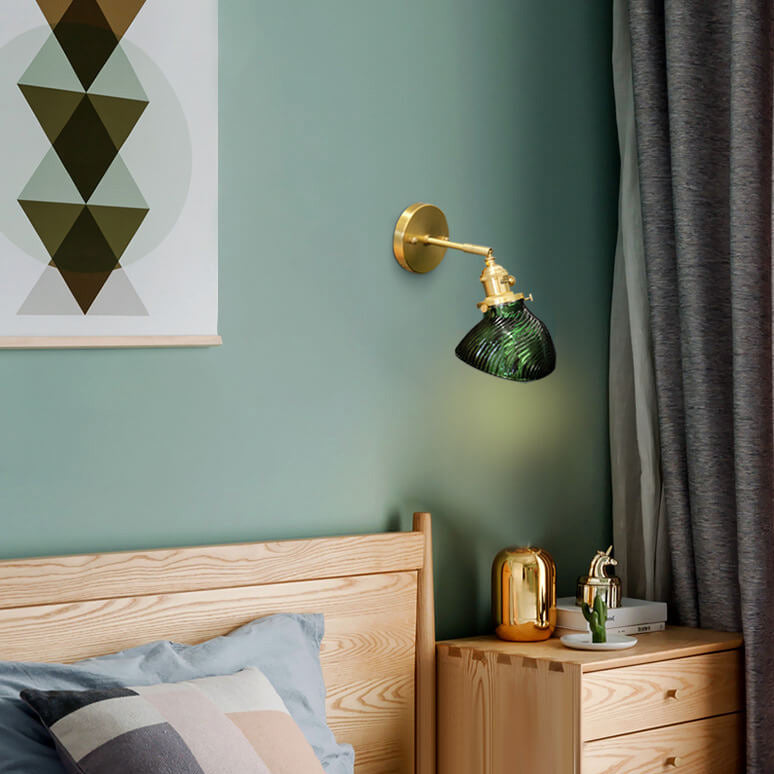Vintage Emerald Glass Brass Straight Arm 1-Light Wall Sconce Lamp