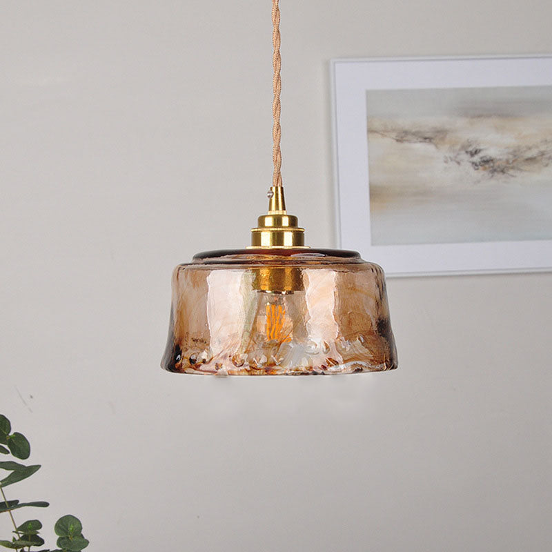 Vintage Amber Drum Round Glass Brass 1-Light Pendant Light