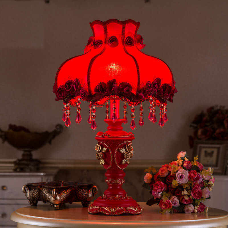 European Wedding Red Fabric Tassel Resin 1-Light Table Lamp