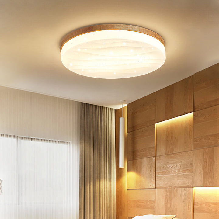 Moderne minimalistische Deckenleuchte mit Massivholzkante und PVC-Rundschirm, LED-Deckenleuchte für das Wohnzimmer 