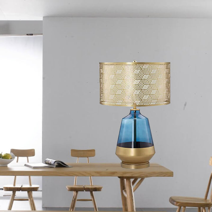 Modern Luxury Blue Glass Bottle Metal Lamp Shade 1-Light Table Lamp for Bedroom