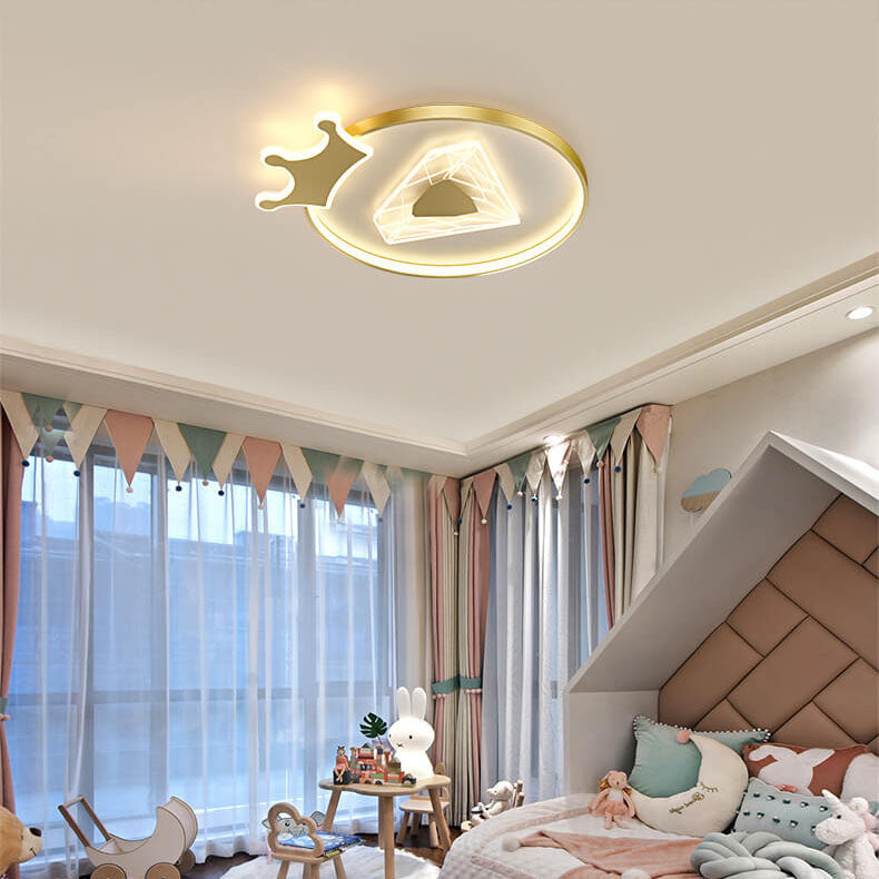 Plafonnier LED pour enfants avec abat-jour acrylique en forme de couronne ronde et diamant de simplicité créative 