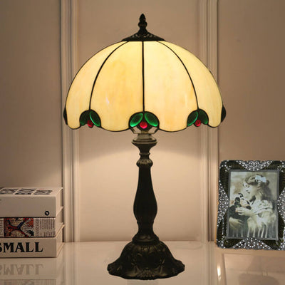 Vintage Tiffany Beige Green Gem Dome 1-Light Table Lamp