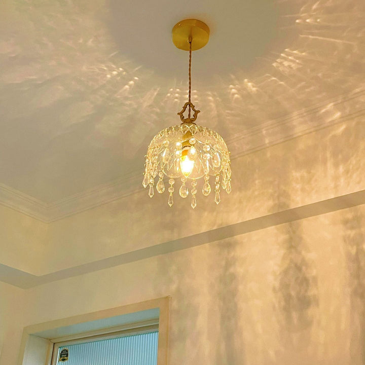 Moderne Art Deco Messing kariert Glas Schatten Kristall Perlen 1-Licht Pendelleuchte für Wohnzimmer 
