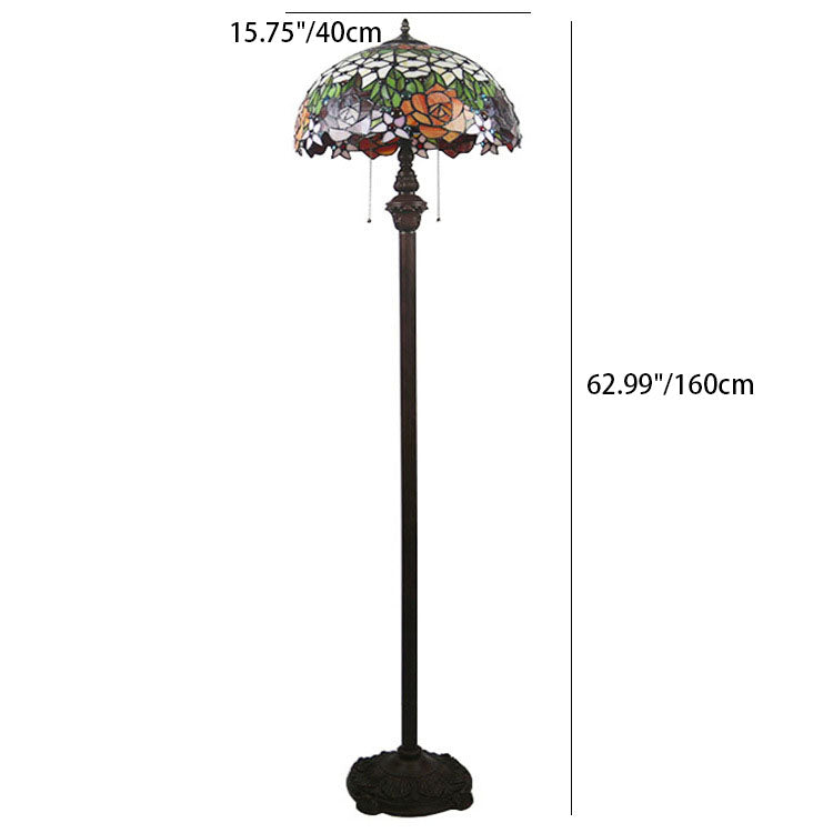 Lámpara de pie de dos luces con cúpula de flor de rosa de vidrio teñido tradicional Tiffany para dormitorio 