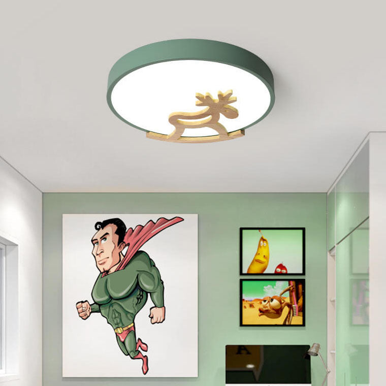 Lampe de plafond LED ronde pour enfants en forme de cheval en bois créatif Macaron 