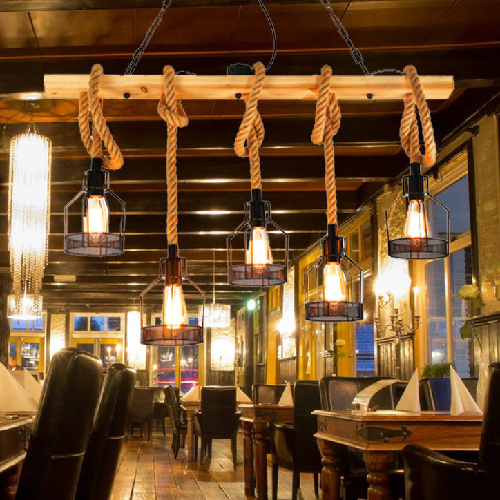 Lámpara de araña para isla de 3/5 luces estilo industrial contemporáneo con cuerda de cáñamo, bloques de madera, hierro y diseño de farol de cordel para salón 