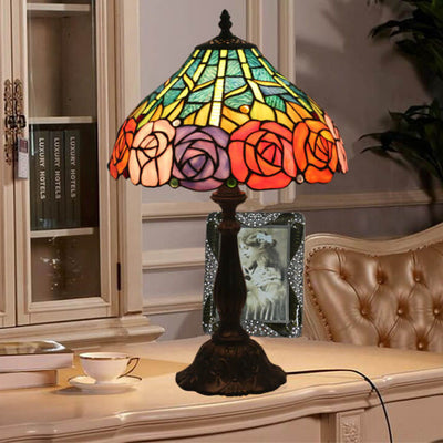 Vintage Tiffany Roses Stained Glass Cone 1-Light Table Lamp