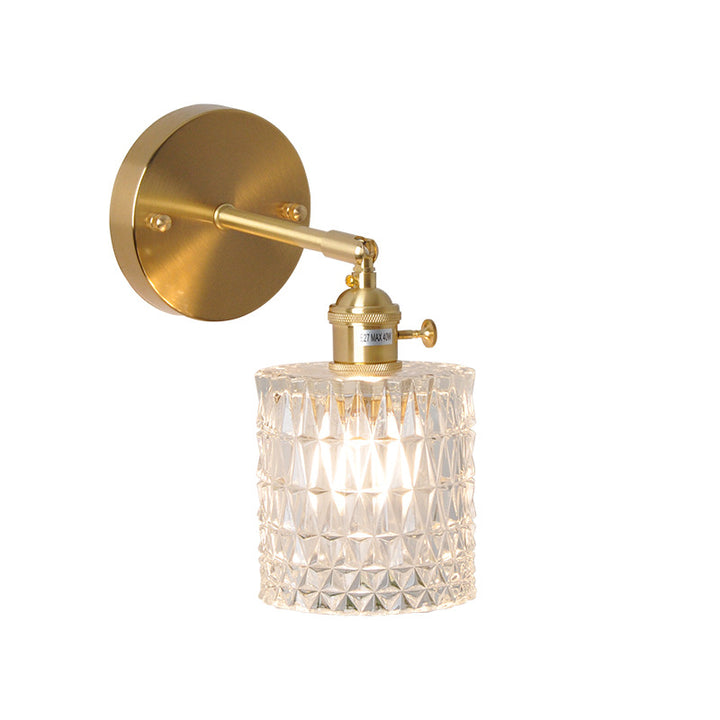 Traditional Vintage Glass Iron Copper Cylinder Round 1-Light Wall Sconce Lamp for Living Room