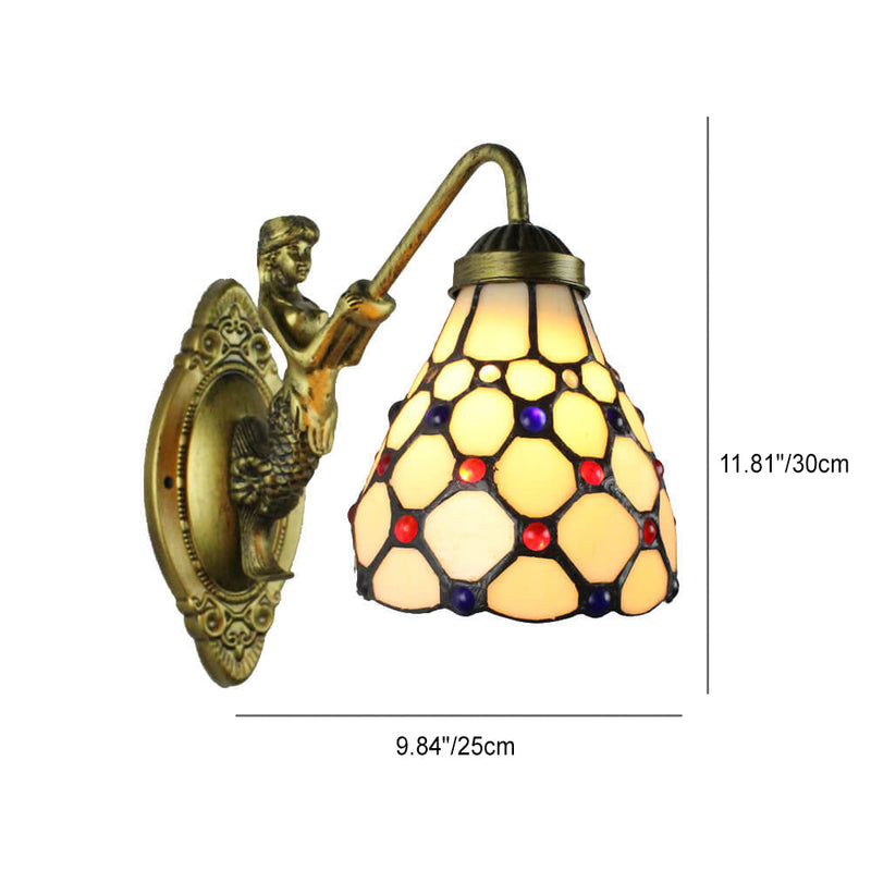 Vintage Tiffany Mediterranean Conical Stained Glass 1-Light Wall Sconce Lamp