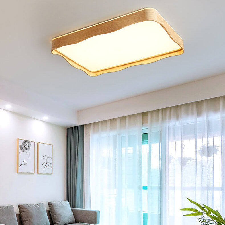 Japanese Original Wood Square Ripple Design LED Flush Mount Ceiling Light