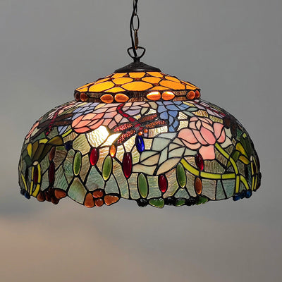 European Style Tiffany Dome Stained Glass Dragonfly Flower 2-Light Chandelier