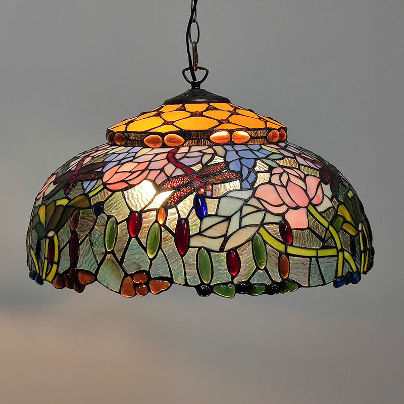 European Style Tiffany Dome Stained Glass Dragonfly Flower 2-Light Chandelier