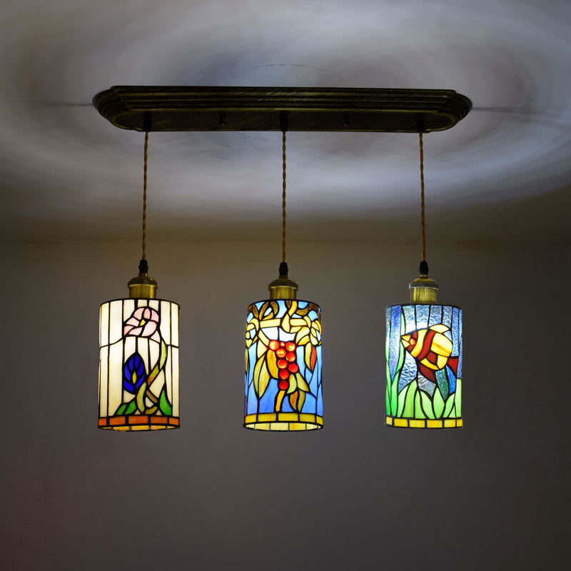 European Tiffany Rustic Stained Glass Column 3-Light Island Light Chandelier