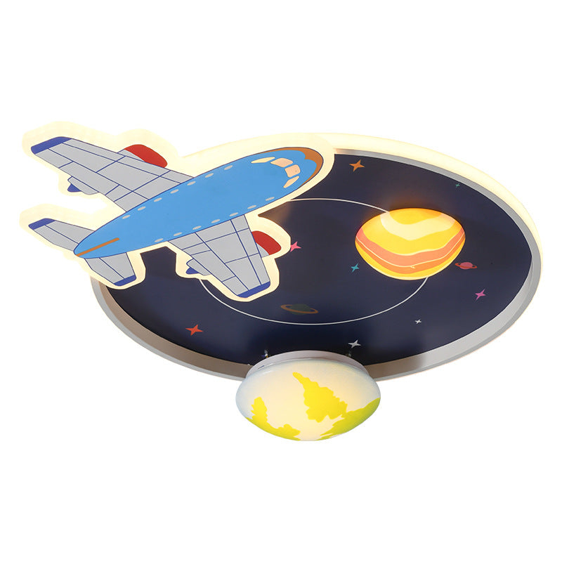 Contemporary Creative Round Acrylic Iron LED Aircraft Space Cartoon Kids Flush Mount Ceiling Light For Bedroom