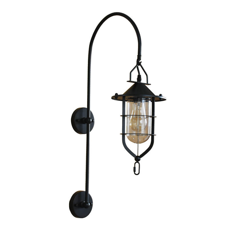 Contemporary Industrial Iron Glass Cage Curved Arm 1-Light Wall Sconce Lamp For Living Room &amp; Bedroom