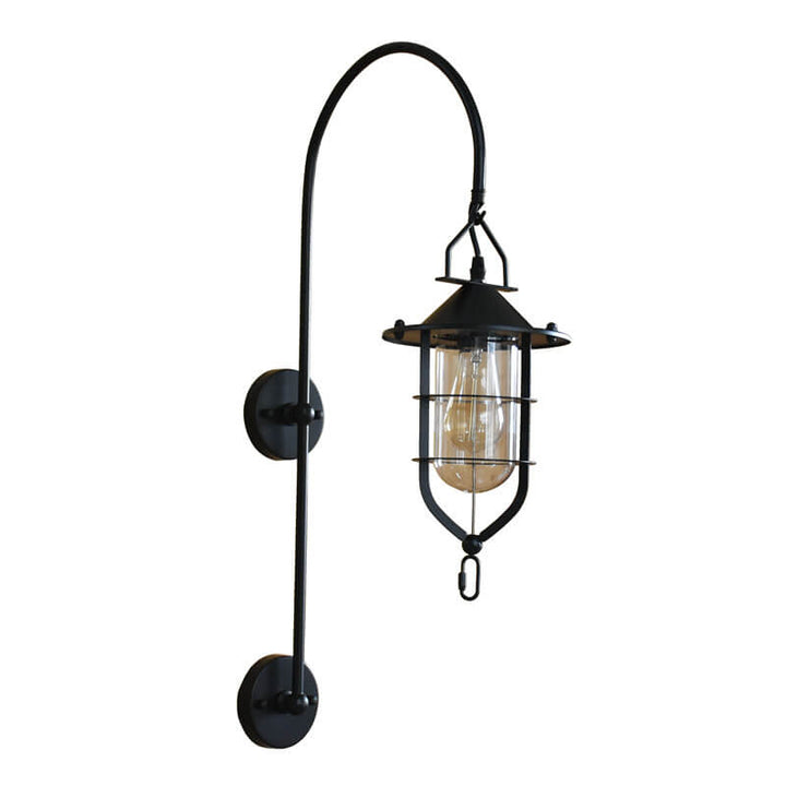 Contemporary Industrial Iron Glass Cage Curved Arm 1-Light Wall Sconce Lamp For Living Room &amp; Bedroom