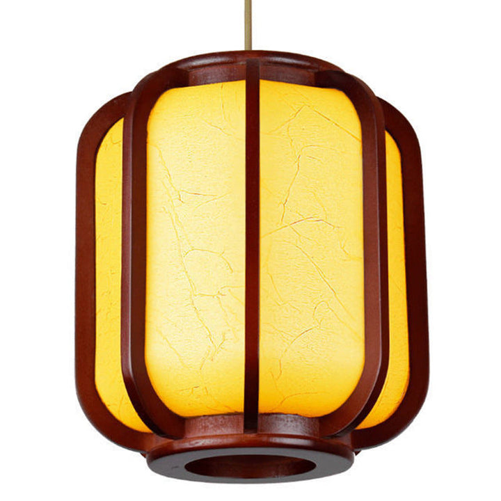 Traditional Chinese Faux Sheepskin Wooden Lantern Round 1-Light Pendant Light for Living Room