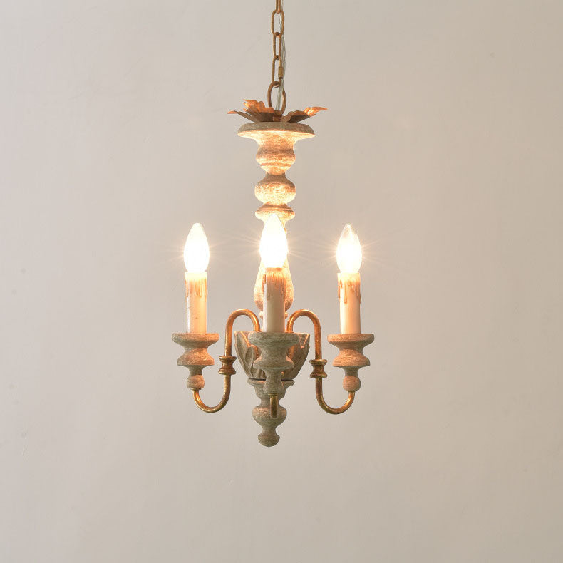 Vintage French Solid Wooden Iron Candle Holder 3-Light Chandelier