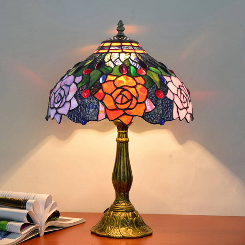 Traditional Tiffany Stained Glass Rose Shade Aluminum Alloy Base 1-Light Table Lamp For Study