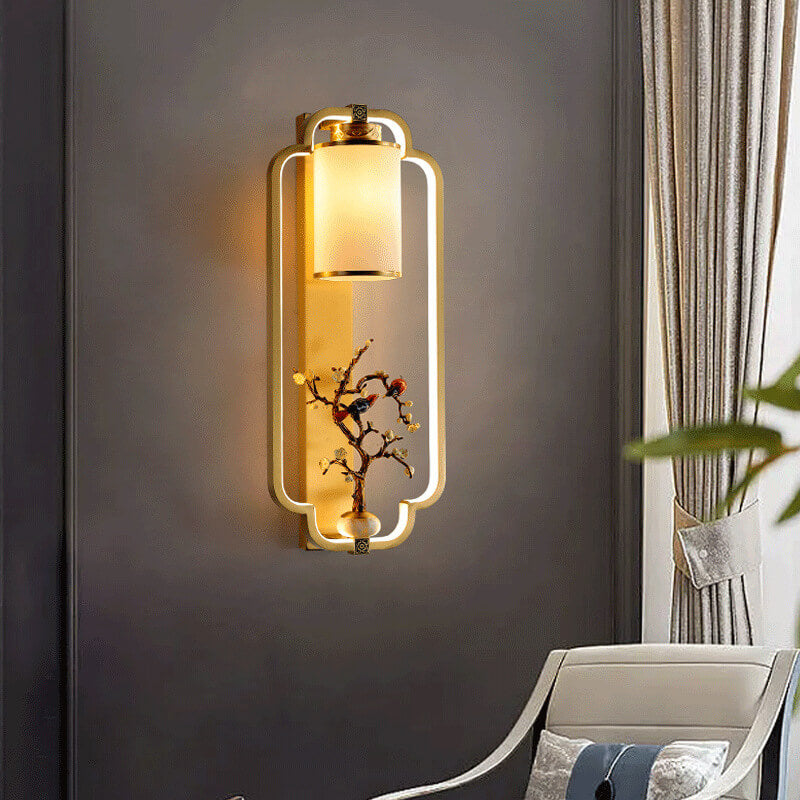 Modern Chinese Brass Jade Ring Knot LED Wall Sconce Lamp