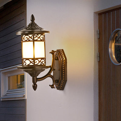 European Vintage Cylindrical Carved Outdoor Waterproof 1-Light Wall Sconce Lamp