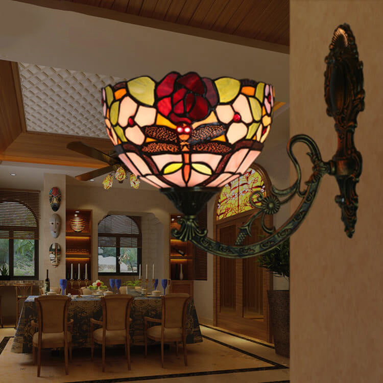 European Tiffany Dragonfly Flower Stained Glass 1-Light Wall Sconce Lamp