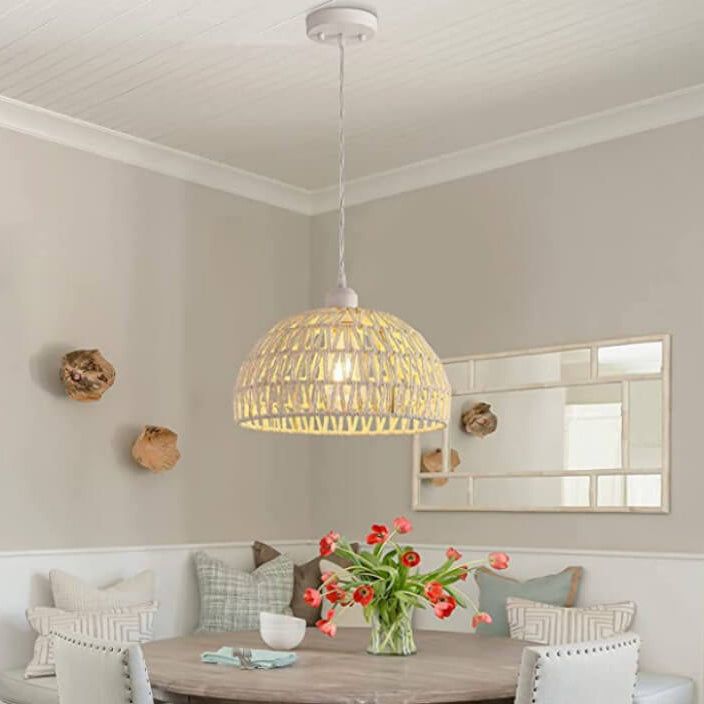 Modern Hemp Rope Weaving Beige Dome 1-Light Pendant Light