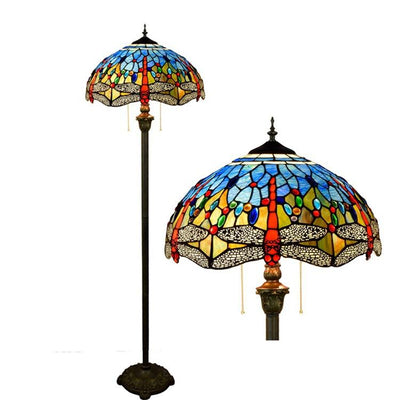Vintage Tiffany Stained Glass Blue dragonfly 2-Light Standing Floor Lamp